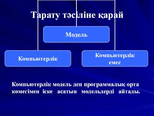 Тарату тәсіліне қарай Компьютерлік модель деп программалық орта көмегімен іске асатын модельдерді айтады.