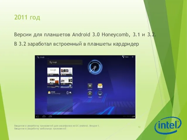 2011 год Версии для планшетов Android 3.0 Honeycomb, 3.1 и