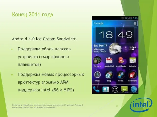 Конец 2011 года Android 4.0 Ice Cream Sandwich: Поддержка обоих