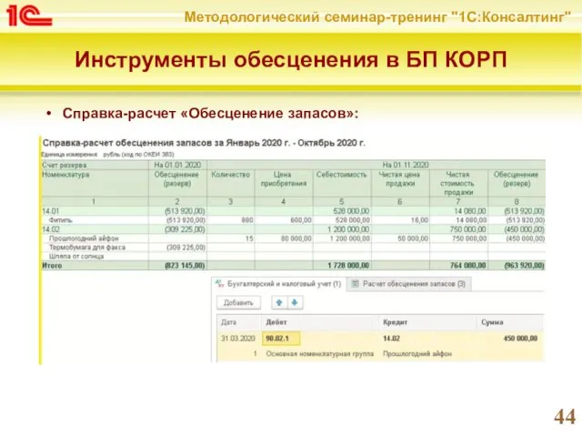 Инструменты обесценения в БП КОРП Справка-расчет «Обесценение запасов»: