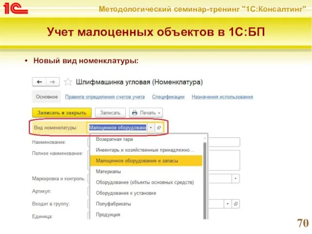 Учет малоценных объектов в 1С:БП Новый вид номенклатуры: