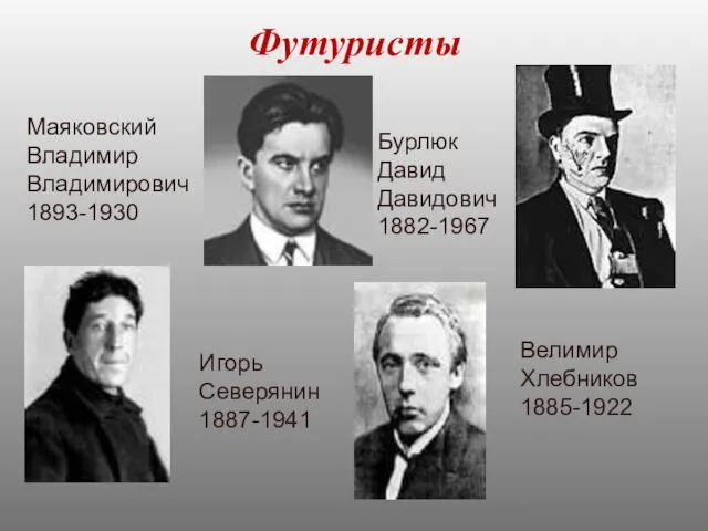 Футуристы Маяковский Владимир Владимирович 1893-1930 Бурлюк Давид Давидович 1882-1967 Игорь Северянин 1887-1941 Велимир Хлебников 1885-1922