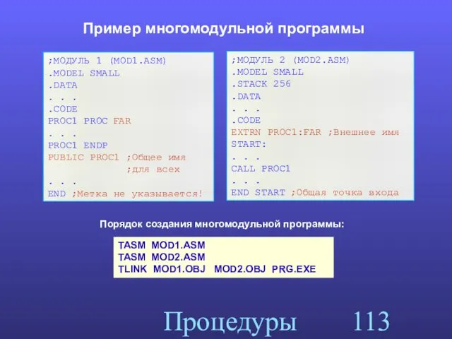 Процедуры Пример многомодульной программы ;МОДУЛЬ 1 (MOD1.ASM) .MODEL SMALL .DATA