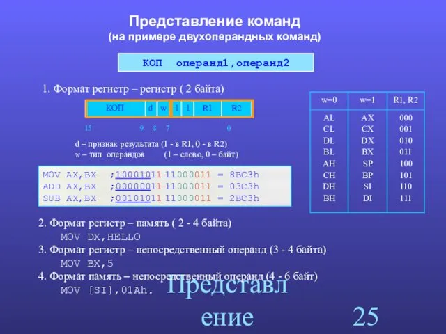 Представление данных Представление команд (на примере двухоперандных команд) КОП операнд1,операнд2