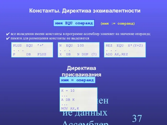 Определение данных Ассемблера Константы. Директива эквивалентности все вхождения имени константы