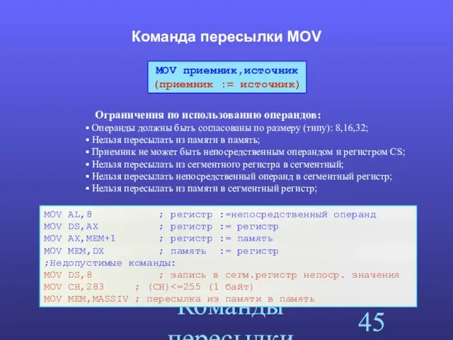 Команды пересылки Команда пересылки MOV Ограничения по использованию операндов: Операнды