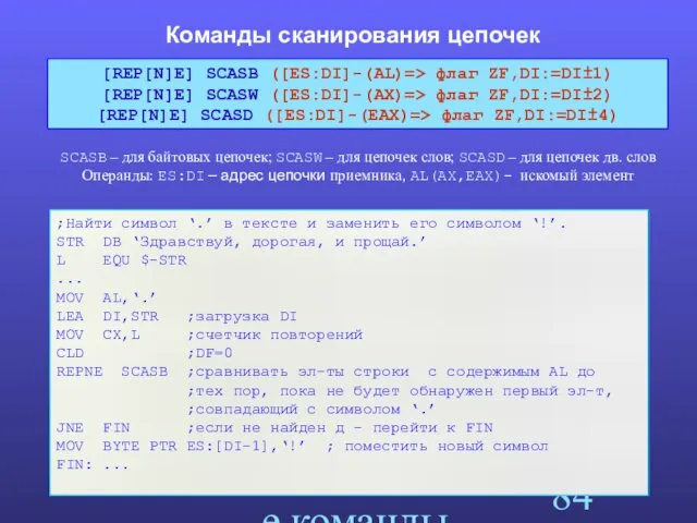 Цепочечные команды Команды сканирования цепочек SCASB – для байтовых цепочек;