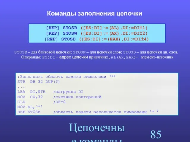 Цепочечные команды Команды заполнения цепочки STOSB – для байтовой цепочки;