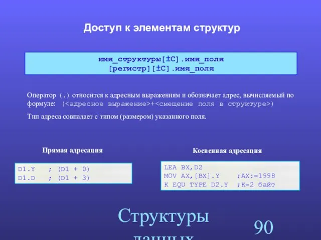 Структуры данных Доступ к элементам структур Оператор (.) относится к