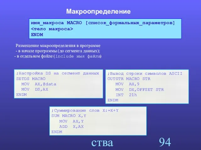 Макросредства ассемблера Макроопределение Размещение макроопределения в программе - в начале