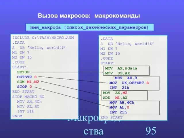 Макросредства ассемблера Вызов макросов: макрокоманды INCLUDE C:\TASM\MACRO.ASM .DATA S DB