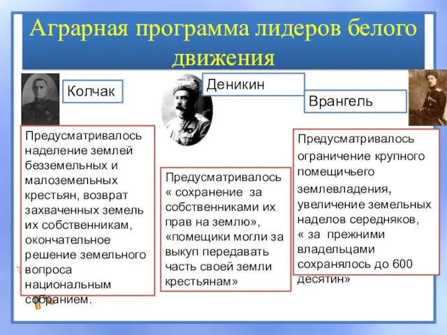 Аграрная программа лидеров белого движения Предусматривалось « сохранение за собственниками