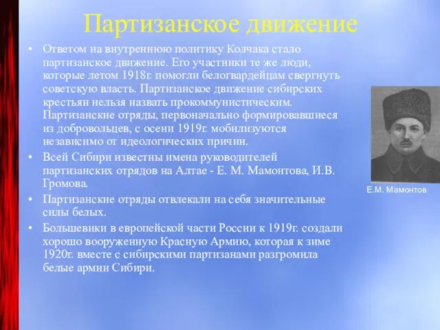 Партизанское движение Ответом на внутреннюю политику Колчака стало партизанское движение.