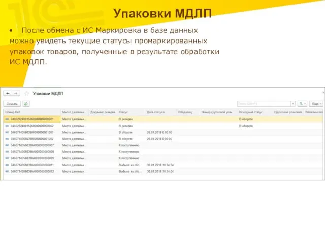 Упаковки МДЛП После обмена с ИС Маркировка в базе данных