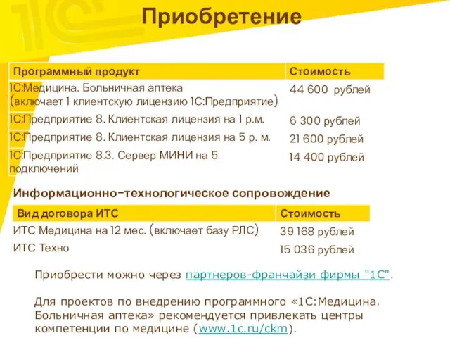 Приобретение Информационно-технологическое сопровождение Приобрести можно через партнеров-франчайзи фирмы "1С". Для