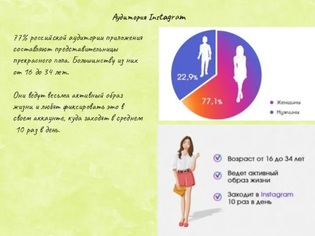 Аудитория Instagram 77% российской аудитории приложения составляют представительницы прекрасного пола.