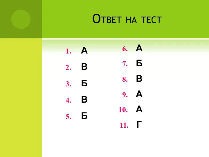 Ответ на тест А В Б В Б А Б В А А Г