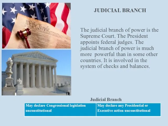 The judicial branch of power is the Supreme Court. The