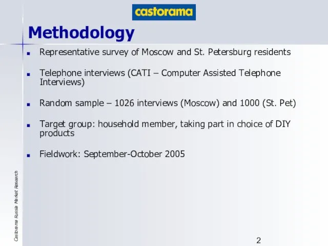 Methodology Representative survey of Moscow and St. Petersburg residents Telephone interviews (CATI –
