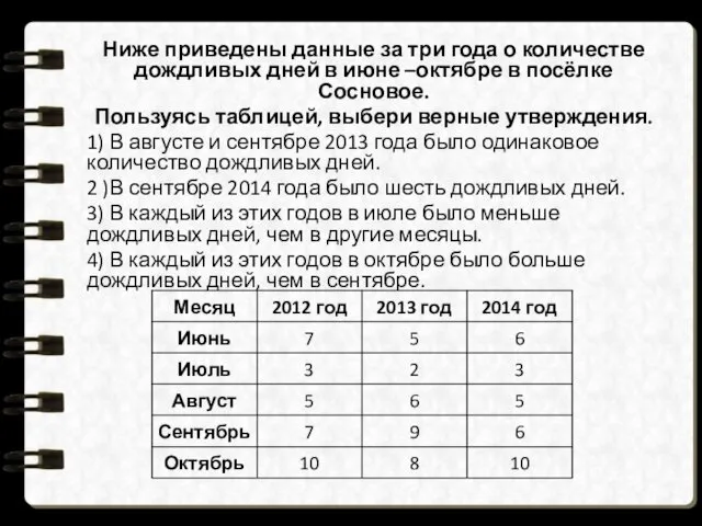 Ниже приведены данные за три года о количестве дождливых дней