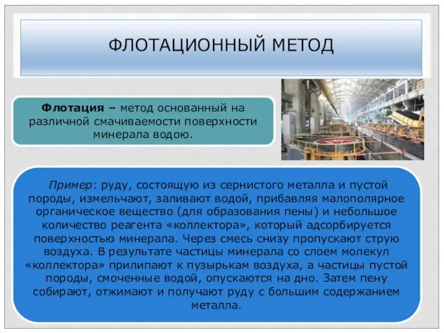 ФЛОТАЦИОННЫЙ МЕТОД Флотация – метод основанный на различной смачиваемости поверхности