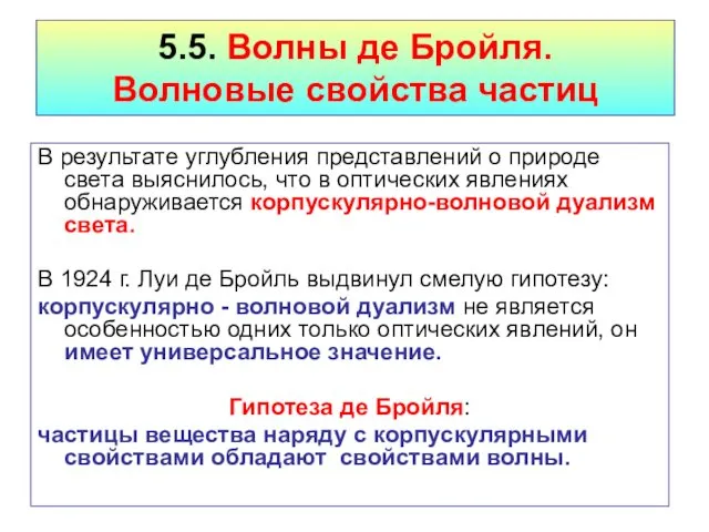 5.5. Волны де Бройля. Волновые свойства частиц В результате углубления