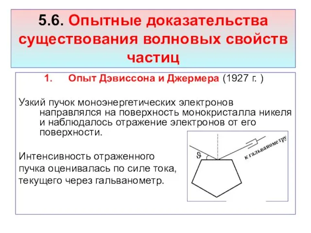 5.6. Опытные доказательства существования волновых свойств частиц Опыт Дэвиссона и