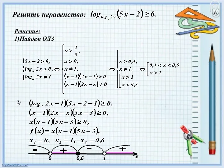 Решить неравенство: Решение: 1)Найдем ОДЗ 2)