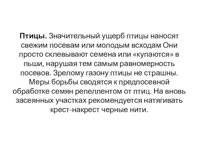 Птицы. Значительный ущерб птицы наносят свежим посевам или молодым всходам Они просто склевывают