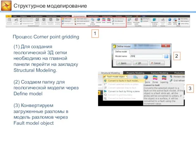 Cтруктурное моделирование Процесс Corner point gridding (1) Для создания геологической