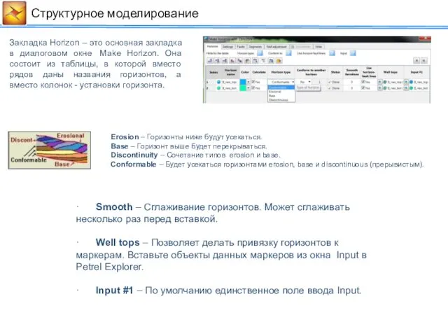 Cтруктурное моделирование Закладка Horizon – это основная закладка в диалоговом