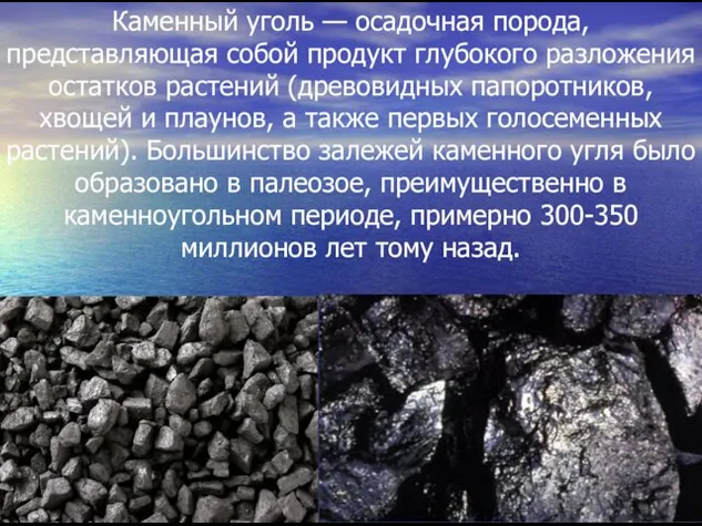 Каменный уголь — осадочная порода, представляющая собой продукт глубокого разложения