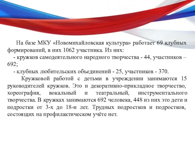 На базе МКУ «Новомихайловская культура» работает 69 клубных формирований, в