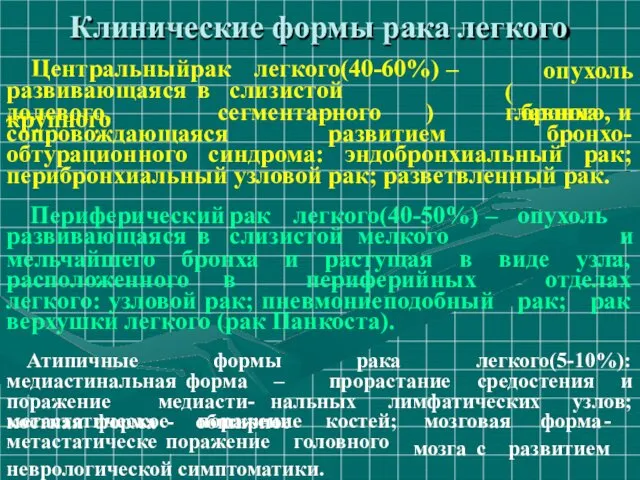 Клинические формы рака легкого Центральный рак легкого(40-60%) – опухоль ( главного, развивающаяся в