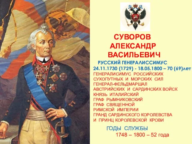 СУВОРОВ АЛЕКСАНДР ВАСИЛЬЕВИЧ РУССКИЙ ГЕНЕРАЛИССИМУС 24.11.1730 (1729) - 18.05.1800 –