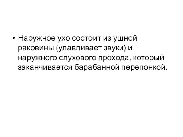 Наружное ухо состоит из ушной раковины (улавливает звуки) и наружного слухового прохода, который заканчивается барабанной перепонкой.