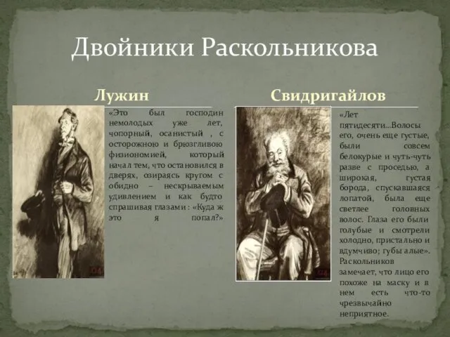 Лужин Двойники Раскольникова Свидригайлов «Это был господин немолодых уже лет, чопорный, осанистый ,