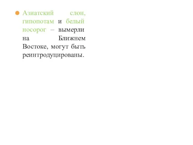 Азиатский слон, гипопотам и белый носорог – вымерли на Ближнем Востоке, могут быть реинтродуцированы.