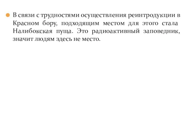 В связи с трудностями осуществления реинтродукции в Красном бору, подходящим