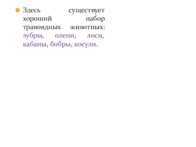 Здесь существует хороший набор травоядных животных: зубры, олени, лоси, кабаны, бобры, косули.