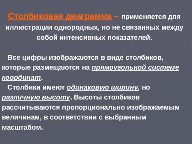 Столбиковая диаграмма – применяется для иллюстрации однородных, но не связанных