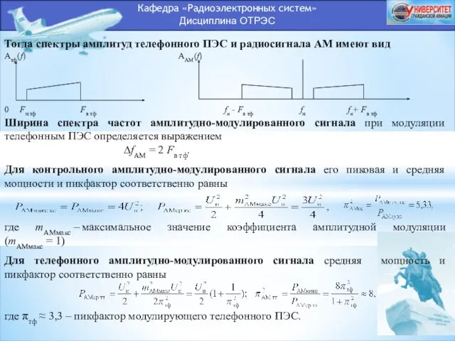 Кафедра «Радиоэлектронных систем» Дисциплина ОТРЭС Тогда спектры амплитуд телефонного ПЭС и радиосигнала АМ