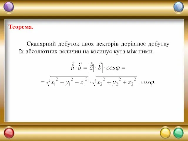 Теорема. Скалярний добуток двох векторів дорівнює добутку їх абсолютних величин на косинус кута між ними.