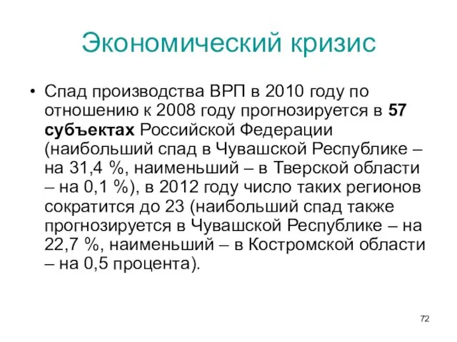 Экономический кризис Спад производства ВРП в 2010 году по отношению