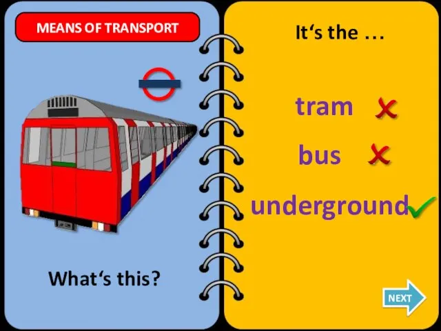 tram underground bus What‘s this? It‘s the … NEXT MEANS OF TRANSPORT