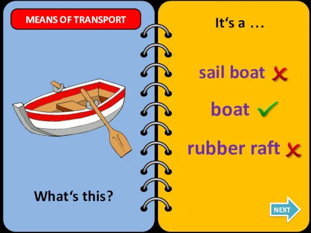 sail boat boat rubber raft What‘s this? It‘s a … NEXT MEANS OF TRANSPORT