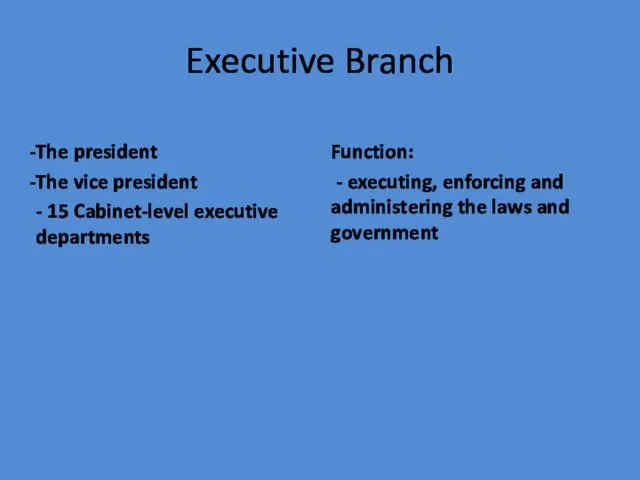 Executive Branch The president The vice president - 15 Cabinet-level