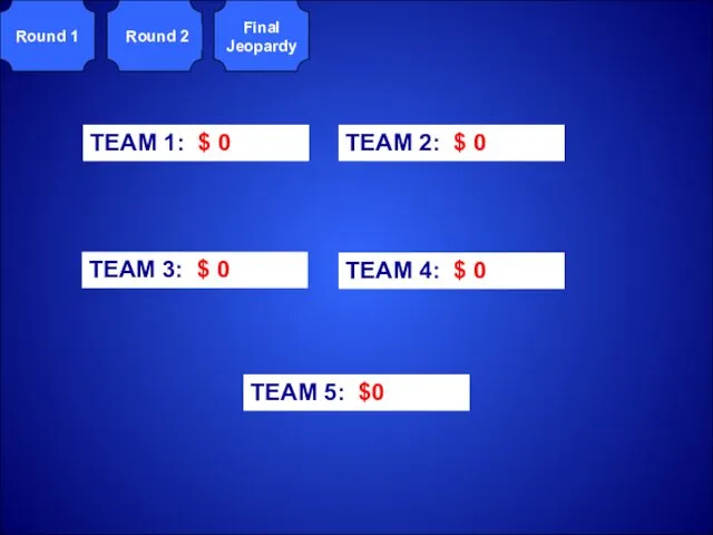 Round 1 Round 2 Final Jeopardy TEAM 1: $ 0