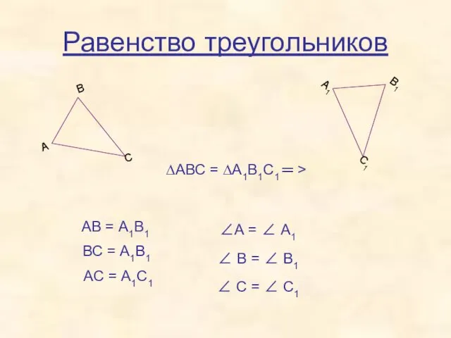 Равенство треугольников ∆АВС = ∆А1В1С1 ═ > ∠ В =
