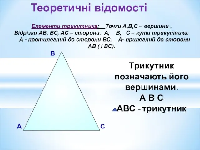 В А С Трикутник позначають його вершинами. А В С